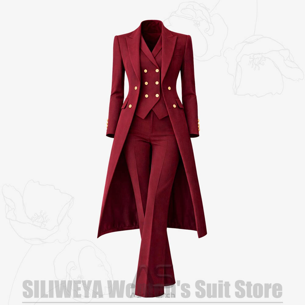 Women Formal Wear Coat - Женский костюм-тройка: двубортное длинное пальто, жилет,
