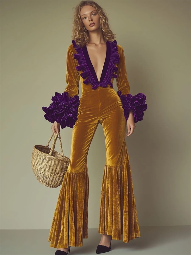 Yellow Formal Wear Women - Желто-фиолетовый бархатный женский комбинезон с V-образным